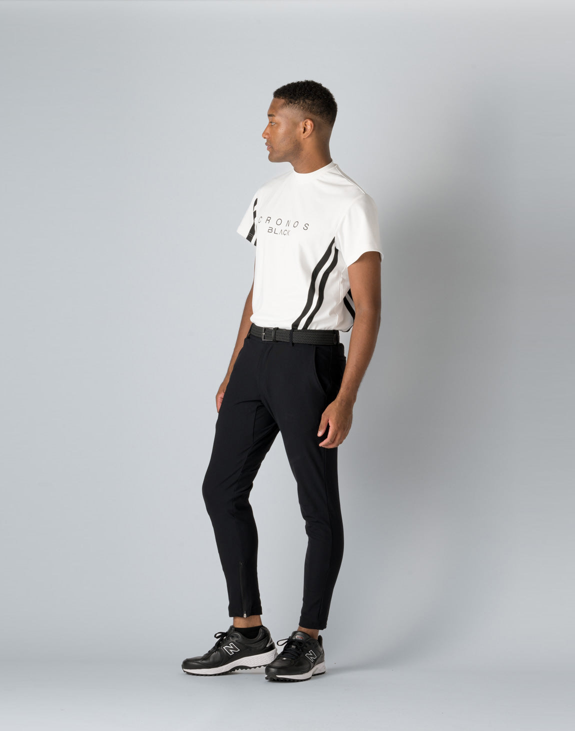 CRONOS BLACK MOCK NECK LINE SHORT SLEEVE SHIRT【WHITE