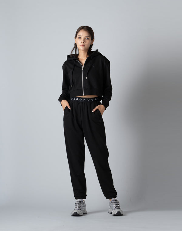 CRONOS WOMEN COLLEGE LOGO SHORT HOODIE [BLACK×BLACK]