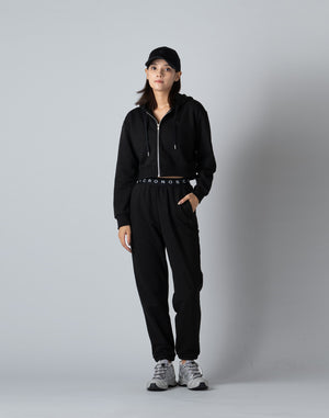 CRONOS WOMEN COLLEGE LOGO SHORT HOODIE [BLACK×BLACK]