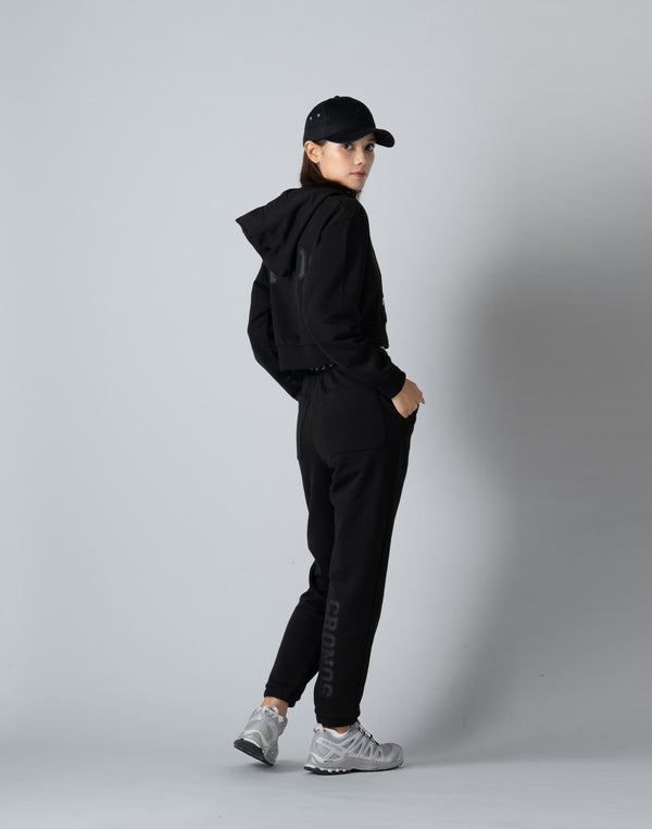 CRONOS WOMEN COLLEGE LOGO SHORT HOODIE [BLACK×BLACK]