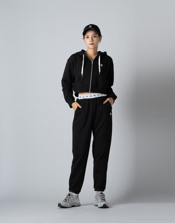 CRONOS WOMEN COLLEGE LOGO SHORT HOODIE [BLACK×WHITE]
