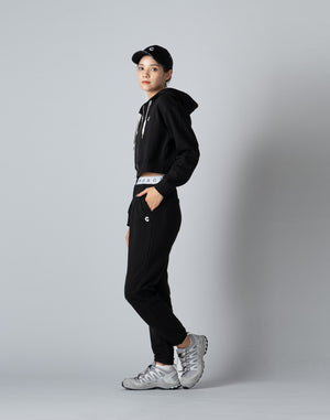 CRONOS WOMEN COLLEGE LOGO SHORT HOODIE [BLACK×WHITE]