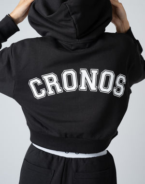 CRONOS WOMEN COLLEGE LOGO SHORT HOODIE [BLACK×WHITE]
