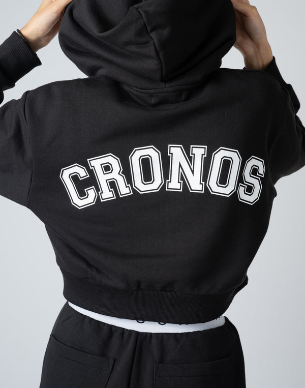 CRONOS WOMEN COLLEGE LOGO SHORT HOODIE [BLACK×WHITE]