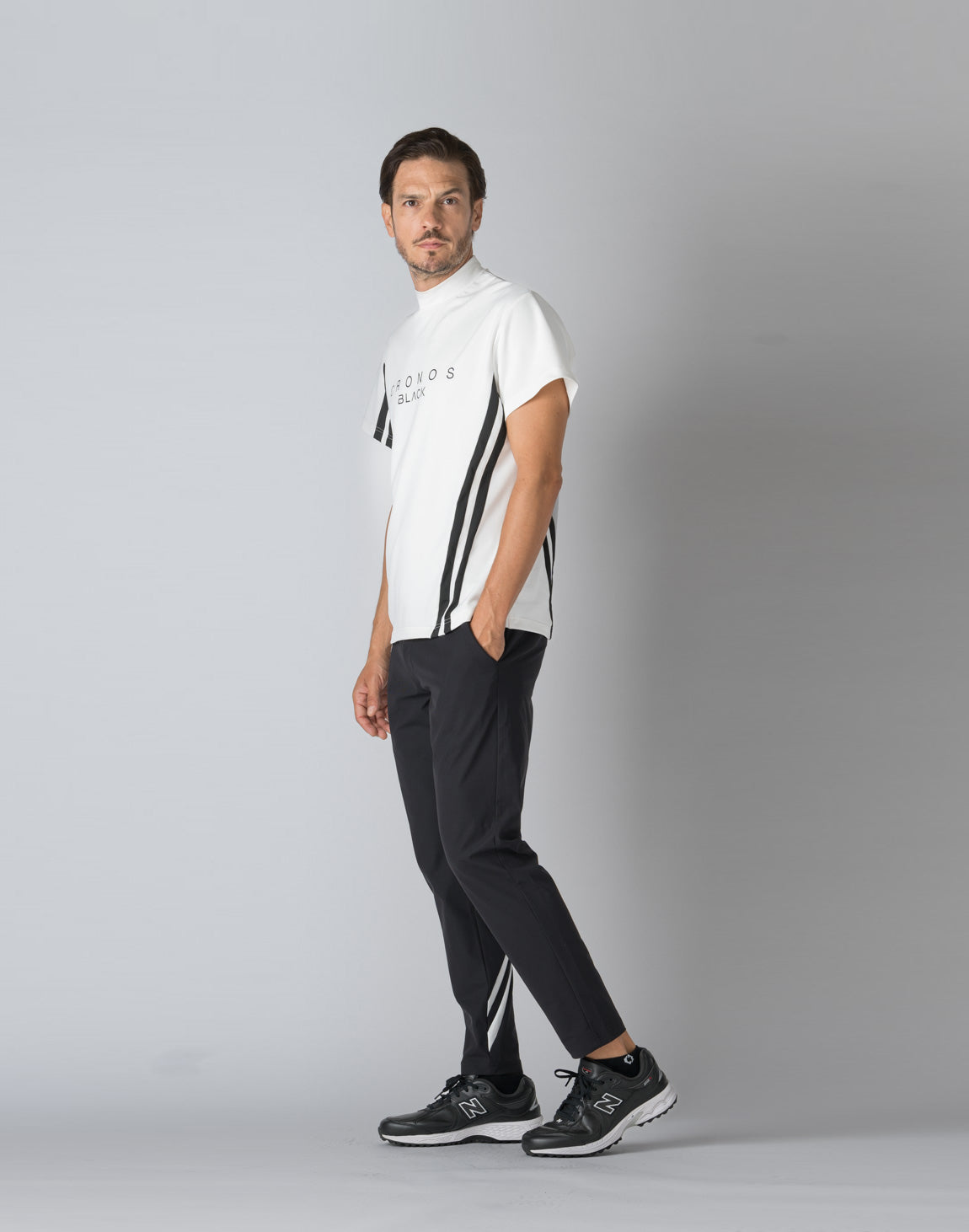CRONOS BLACK MOCK NECK LINE SHORT SLEEVE SHIRT【WHITE】