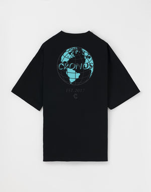 CRONOS Earth Design Print  OverSize T-SHIRT【BLACK×BLUE】