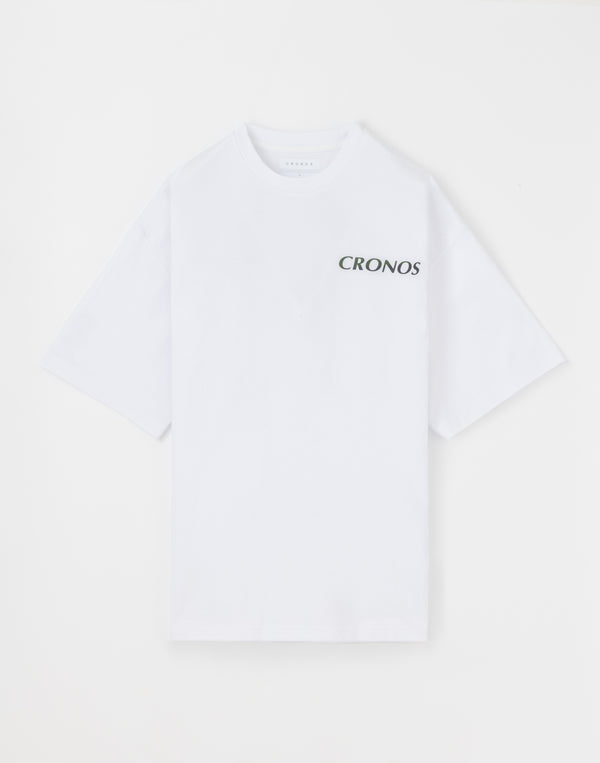 CRONOS Earth Design Print OverSize T-SHIRT [WHITE×KHAKI]