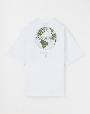 CRONOS Earth Design Print OverSize T-SHIRT [WHITE×KHAKI]