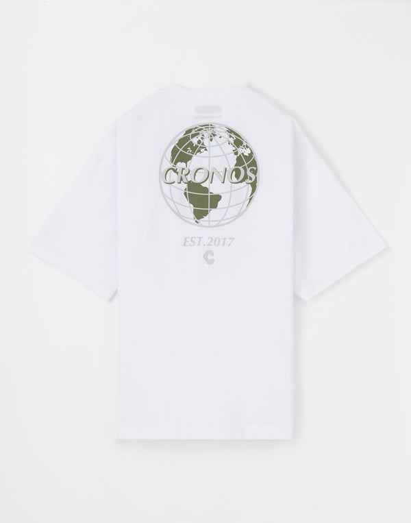 CRONOS Earth Design Print OverSize T-SHIRT [WHITE×KHAKI]