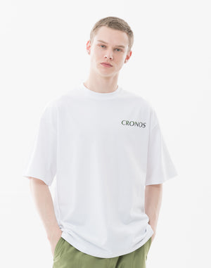 CRONOS Earth Design Print OverSize T-SHIRT [WHITE×KHAKI]
