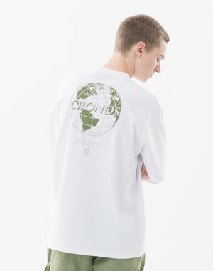 CRONOS Earth Design Print OverSize T-SHIRT [WHITE×KHAKI]