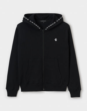 CRONOS WOMEN Shiny Wide Rib Hoodie【BLACK】