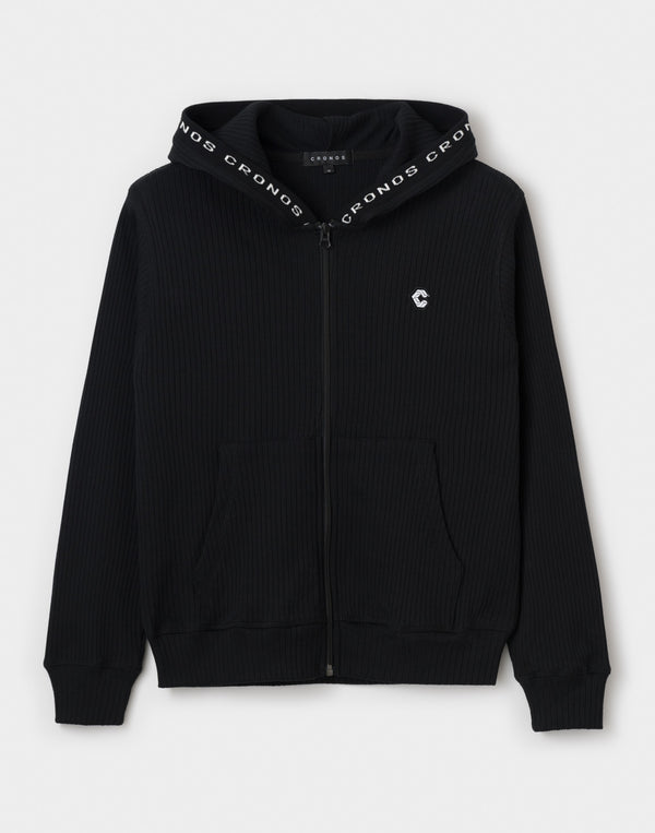 CRONOS WOMEN Shiny Wide Rib Hoodie【BLACK】