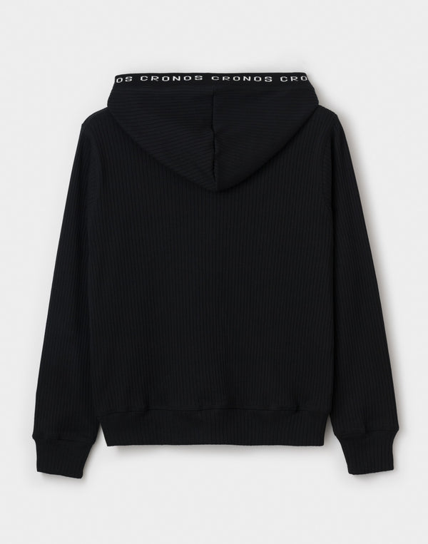 CRONOS WOMEN Shiny Wide Rib Hoodie【BLACK】