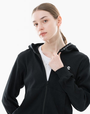 CRONOS WOMEN Shiny Wide Rib Hoodie【BLACK】