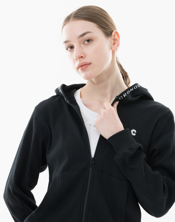 CRONOS WOMEN Shiny Wide Rib Hoodie【BLACK】