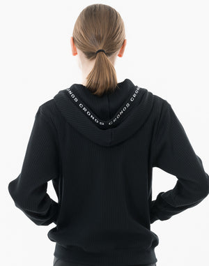CRONOS WOMEN Shiny Wide Rib Hoodie【BLACK】