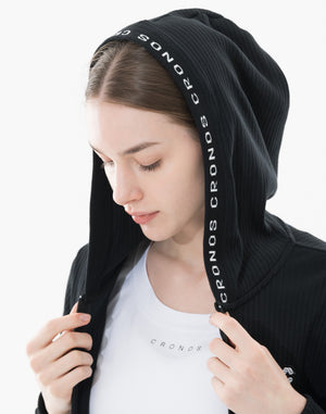 CRONOS WOMEN Shiny Wide Rib Hoodie【BLACK】