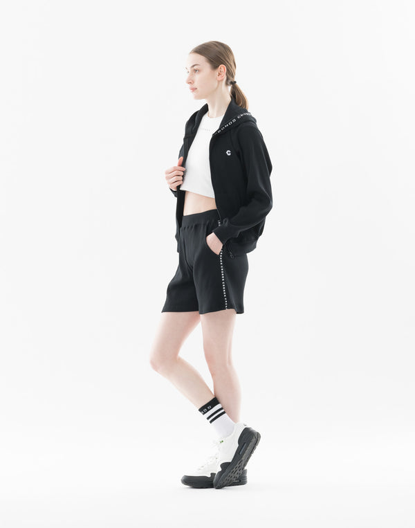 CRONOS WOMEN Shiny Wide Rib Shorts【BLACK】
