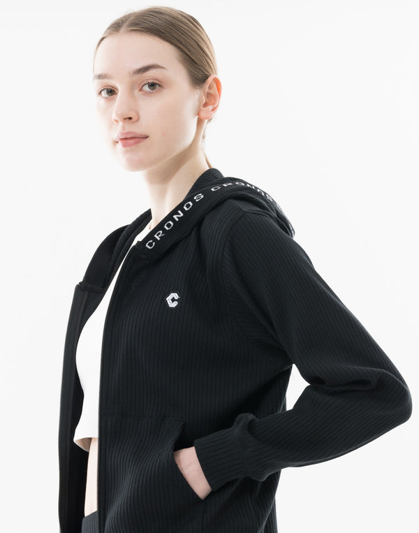 CRONOS WOMEN Shiny Wide Rib Hoodie【BLACK】