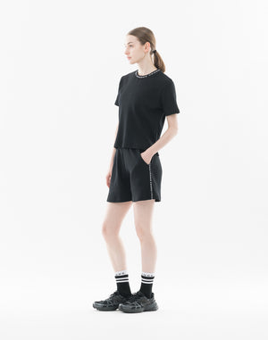 CRONOS WOMEN Shiny Wide Rib Shorts【BLACK】