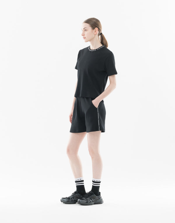 CRONOS WOMEN Shiny Wide Rib Shorts【BLACK】