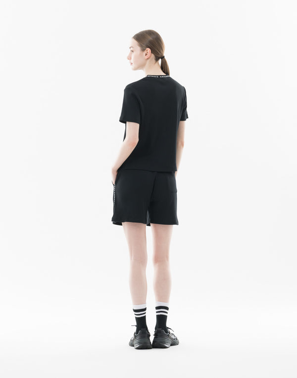 CRONOS WOMEN Shiny Wide Rib Shorts【BLACK】