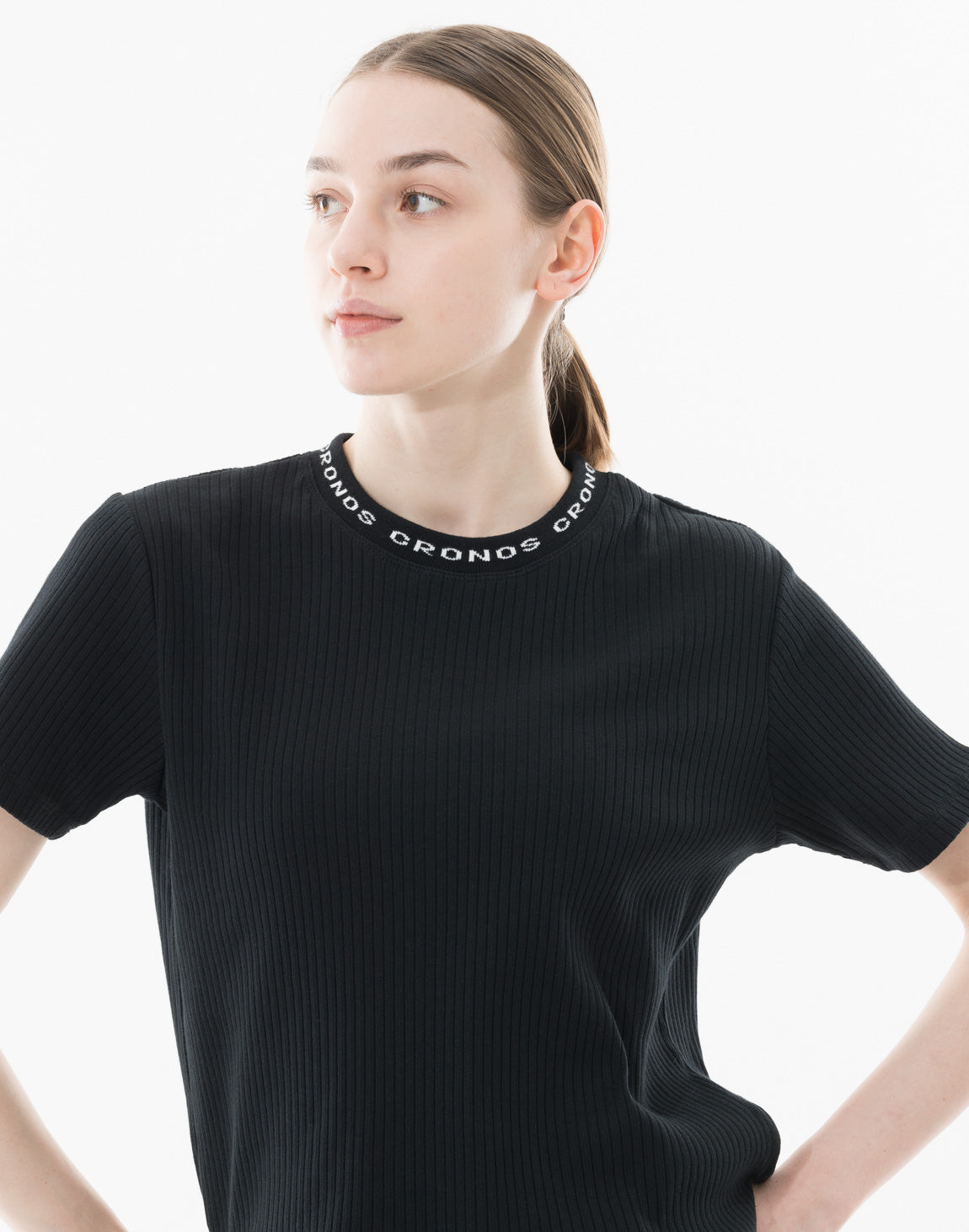 CRONOS WOMEN Shiny Wide Rib T-shirts【BLACK】