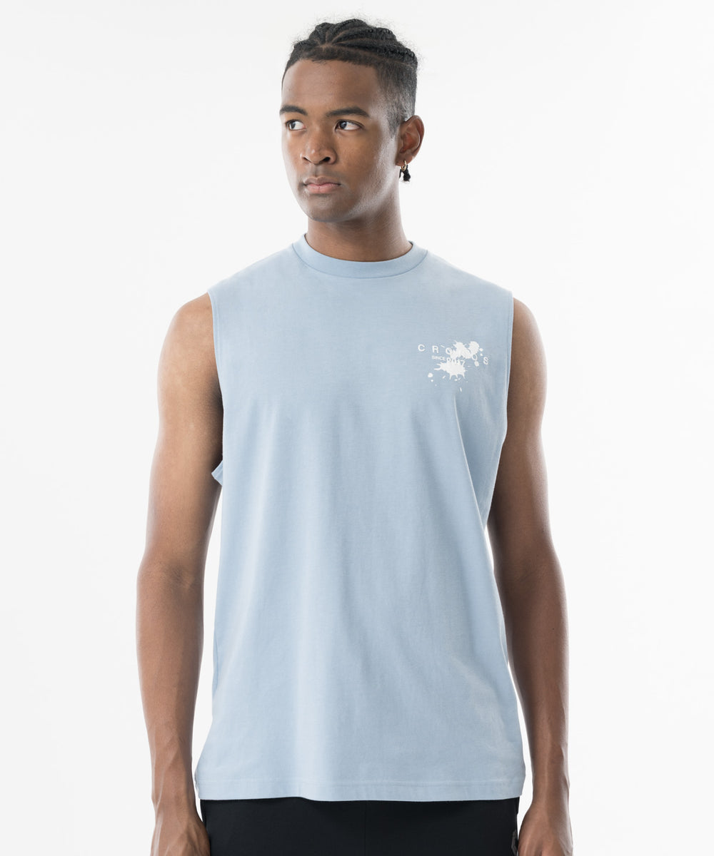 CRONOS Grunge Paint Stroke  over size　sleeveless【L.BLUE】