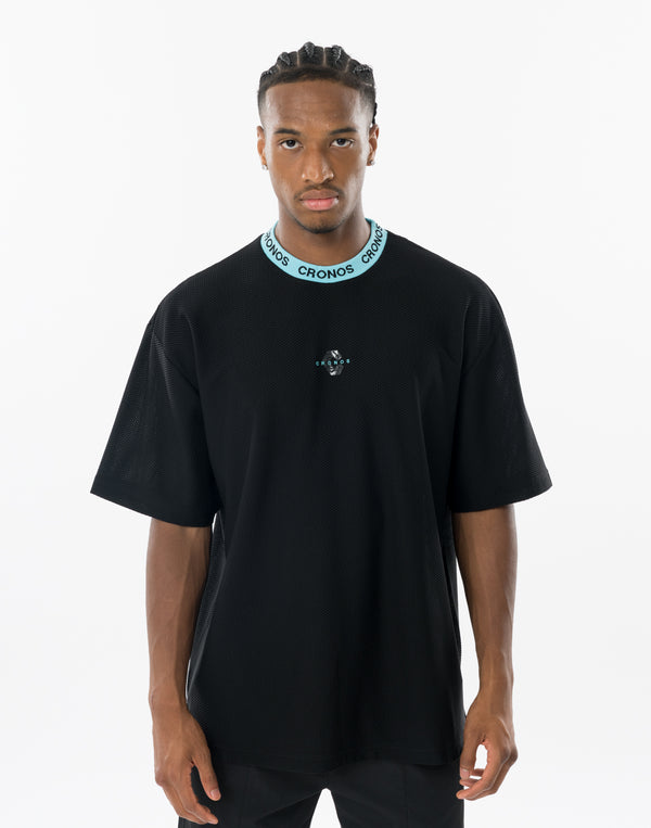 CRONOS AIR MESH JACQUARD COLLAR TEE【BLACK×BLUE】