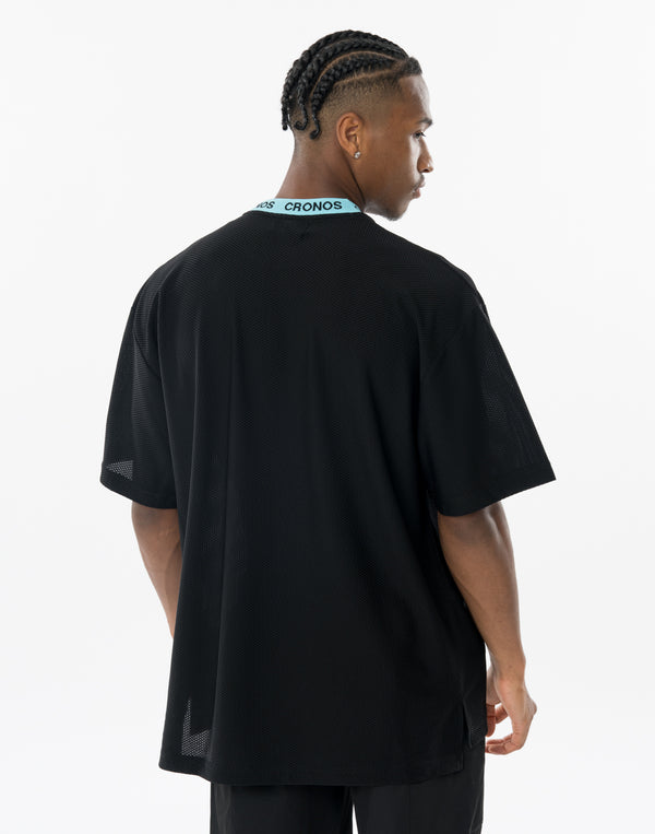 CRONOS AIR MESH JACQUARD COLLAR TEE【BLACK×BLUE】