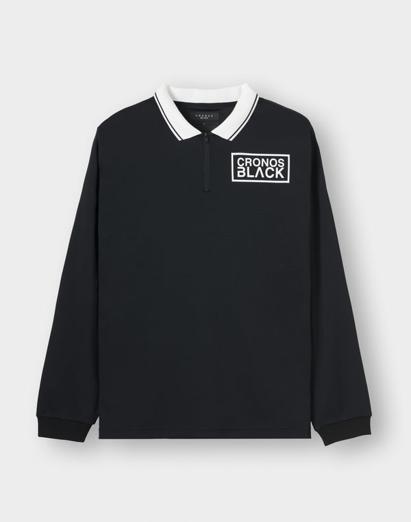 CRONOS BLACK KNIT-NECK HALF ZIP L/S TEE【BLACK】
