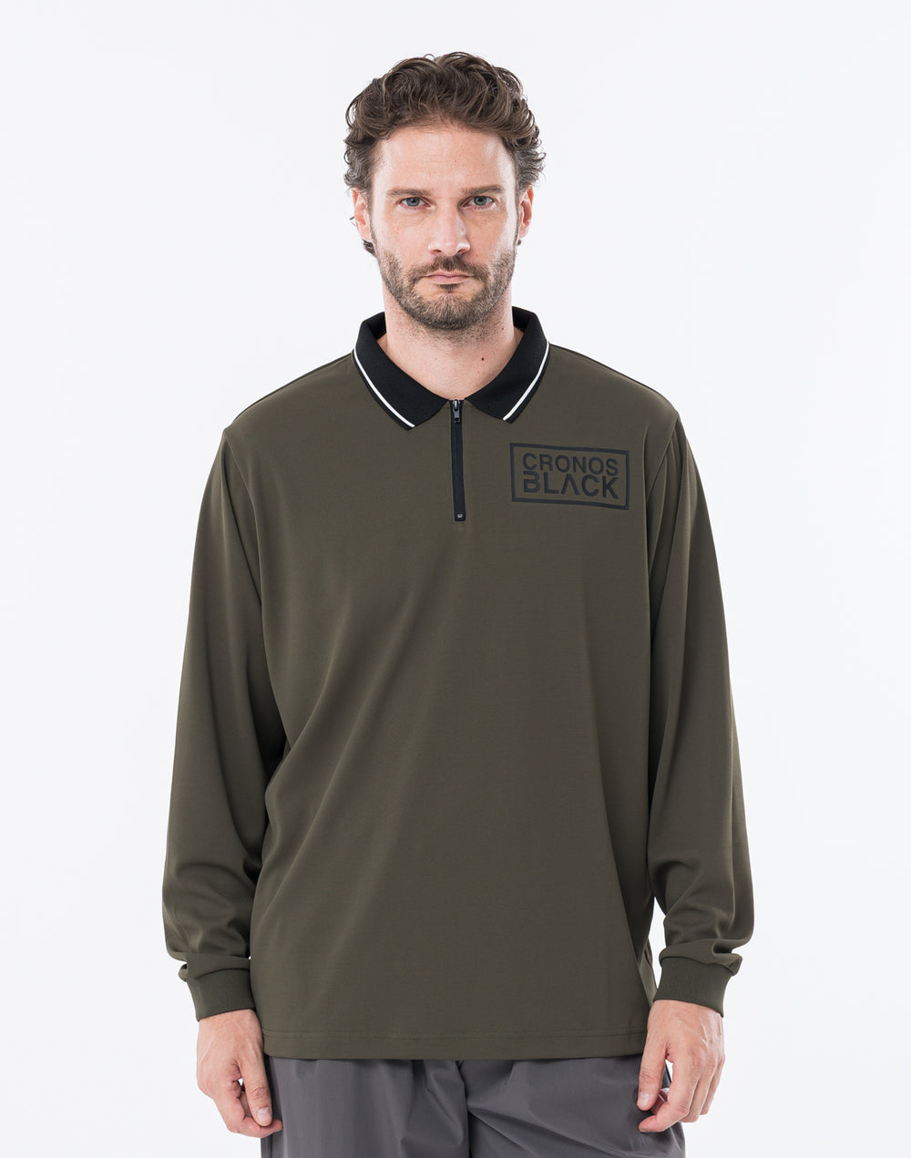 CRONOS BLACK KNIT-NECK HALF ZIP L/S TEE【GRAY】