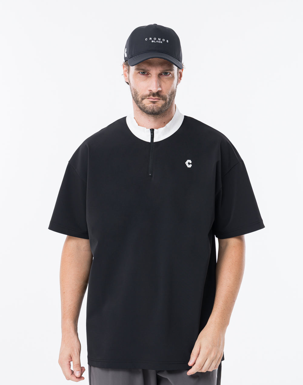 CRONOS BLACK KNIT-COLLA TECH HALF ZIP TEE【BLACK】
