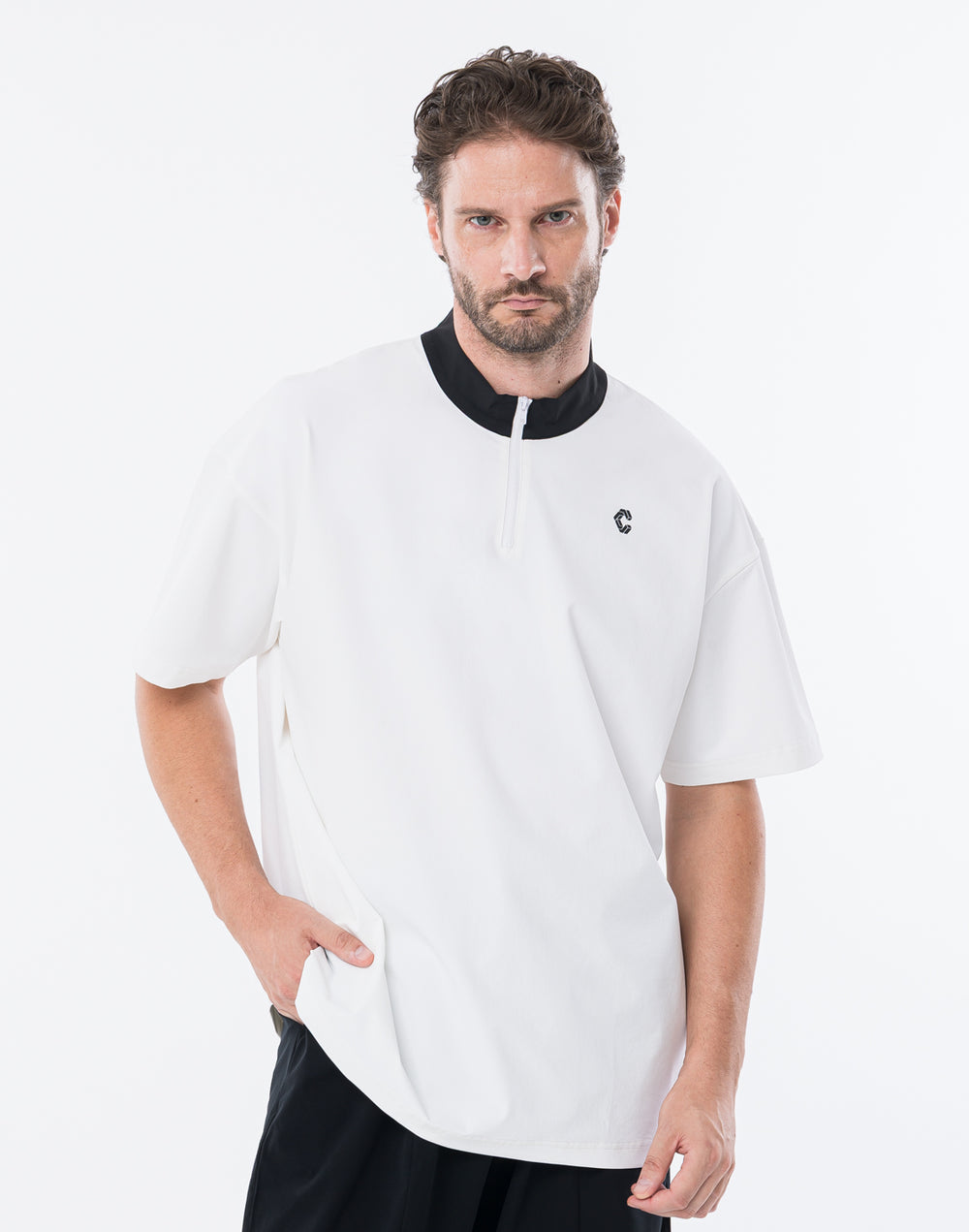 CRONOS BLACK KNIT-COLLA TECH HALF ZIP TEE【WHITE】