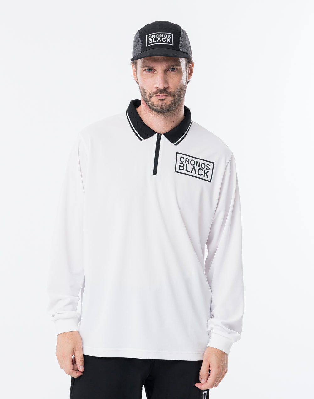 CRONOS BLACK KNIT-NECK HALF ZIP L/S TEE【WHITE】