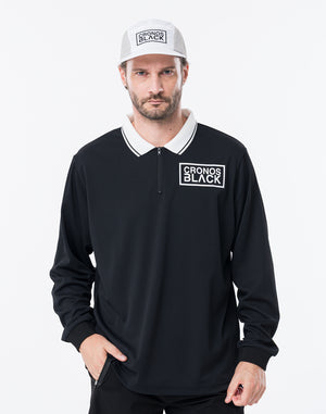 CRONOS BLACK KNIT-NECK HALF ZIP L/S TEE【BLACK】