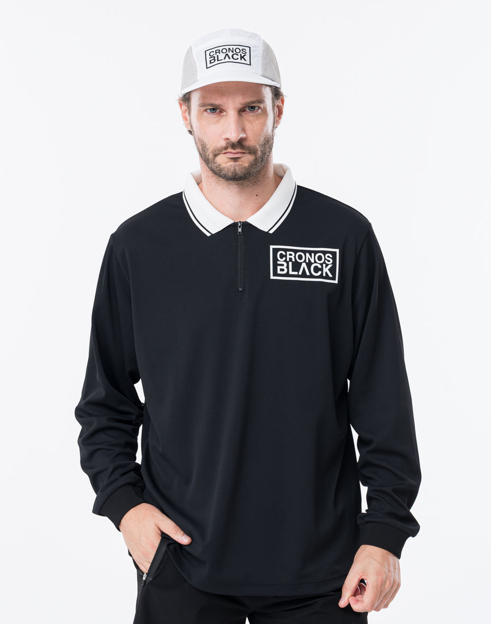 CRONOS BLACK KNIT-NECK HALF ZIP L/S TEE【BLACK】