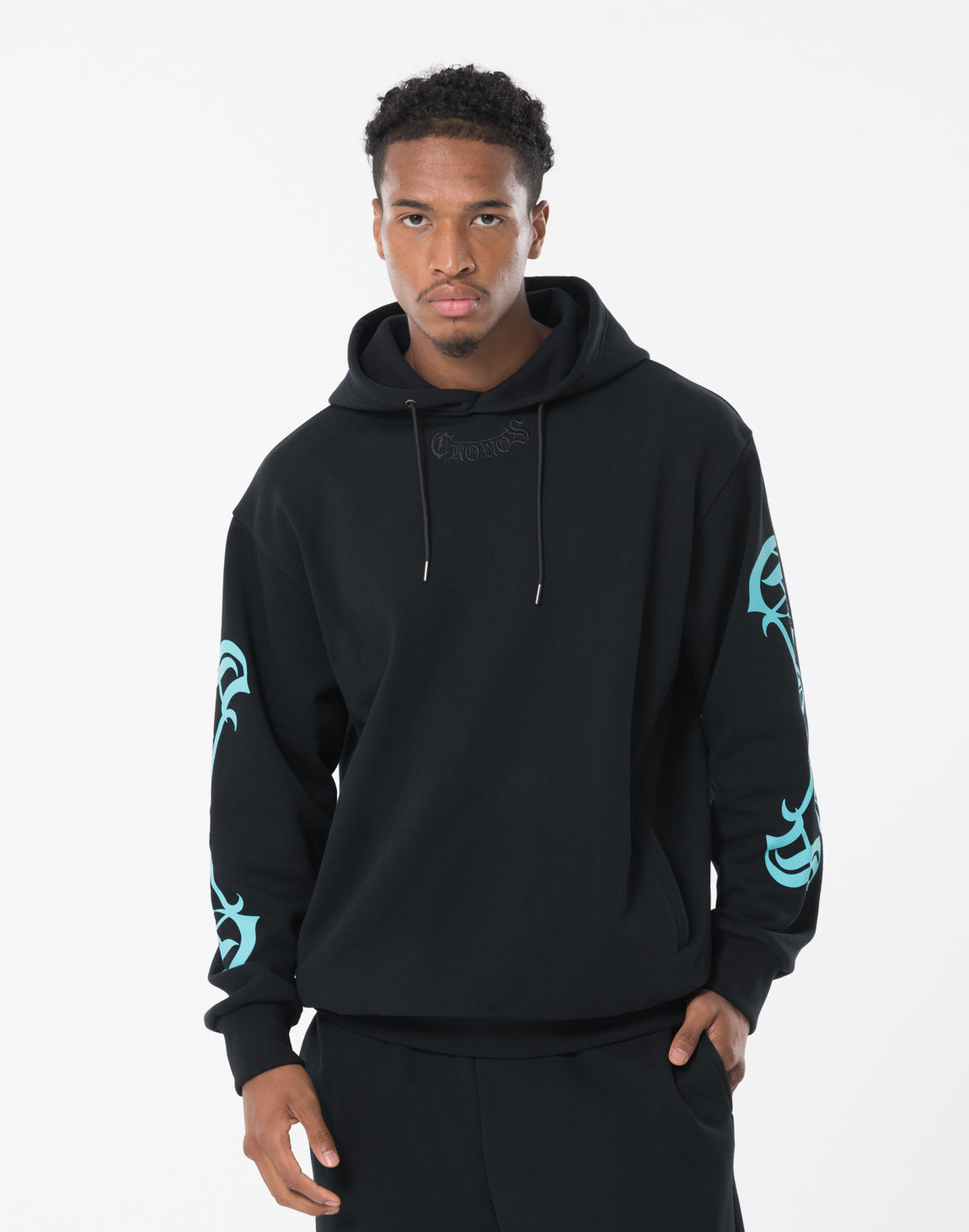 CRONOS 上下セットアップ ブラックレターノースリーブフーディ XL CRONOS｜上下セットアップ ブラックレターノースリーブフーディ