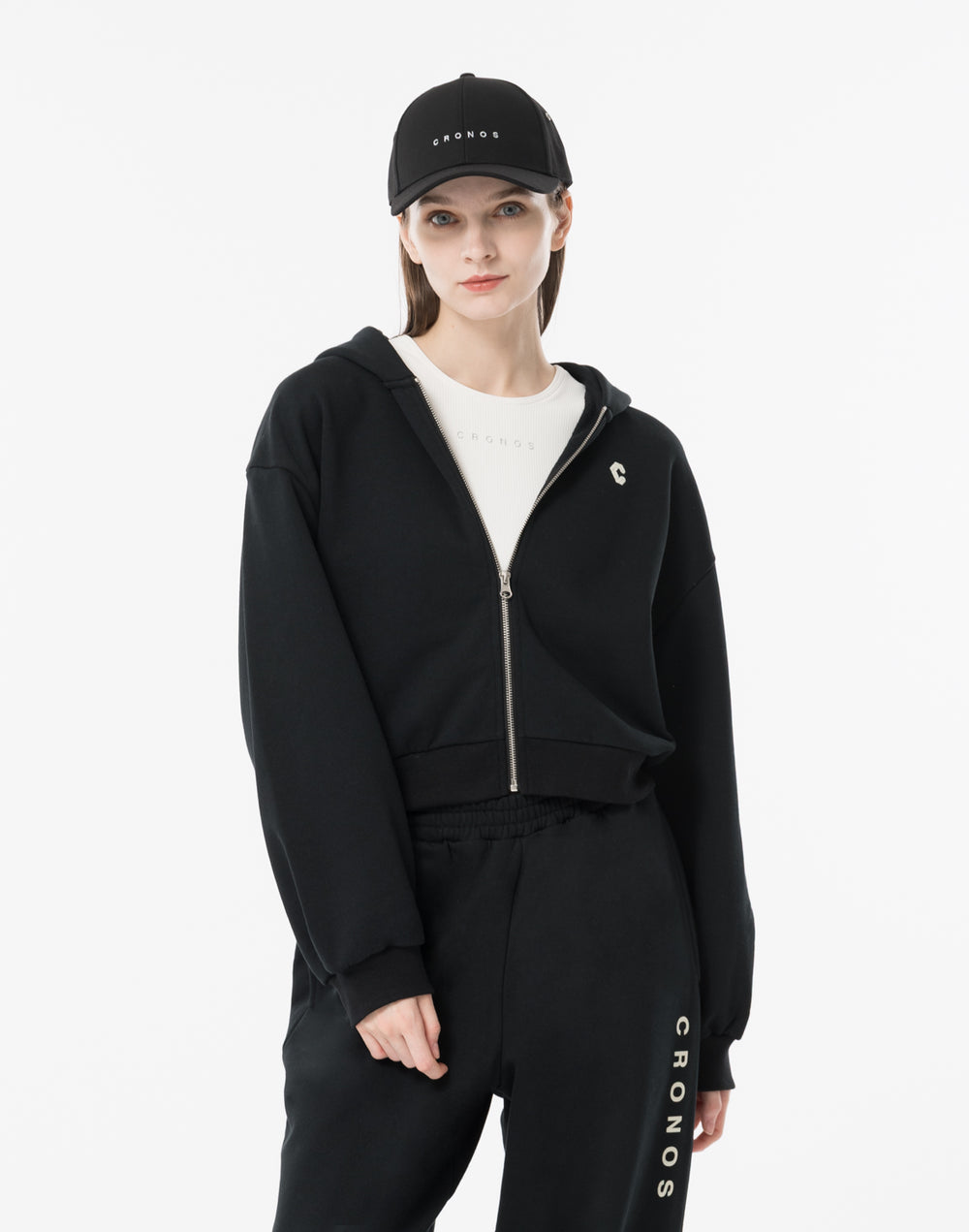 CRONOS WOMEN Neutral Tone Heavyweight Zip Hoodie【BLACK】