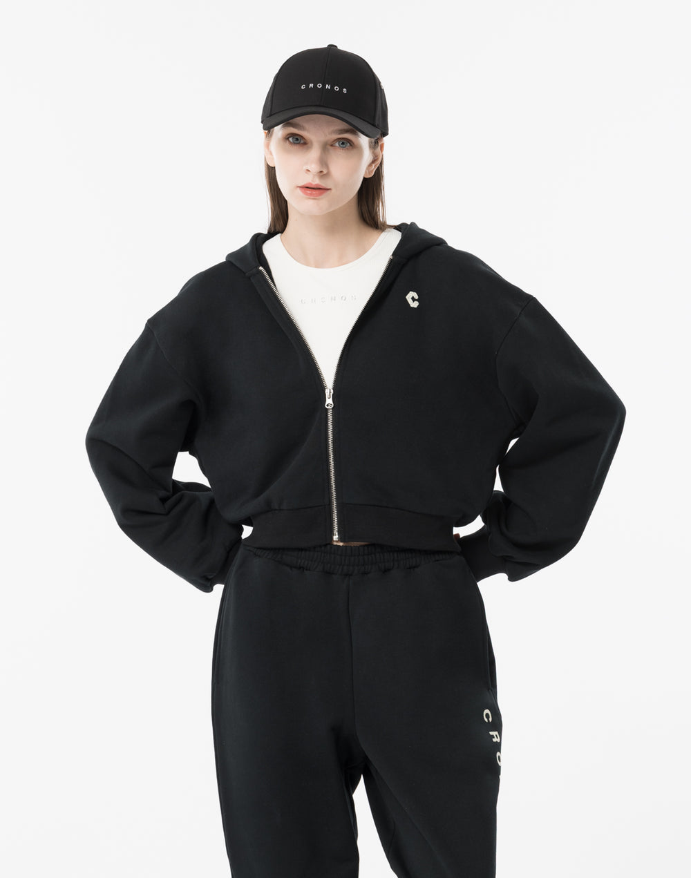 CRONOS WOMEN Neutral Tone Heavyweight Zip Hoodie【BLACK】