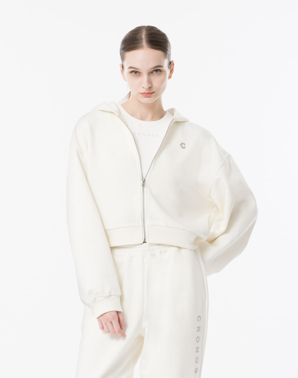 CRONOS WOMEN Neutral Tone Heavyweight Zip Hoodie【WHITE】