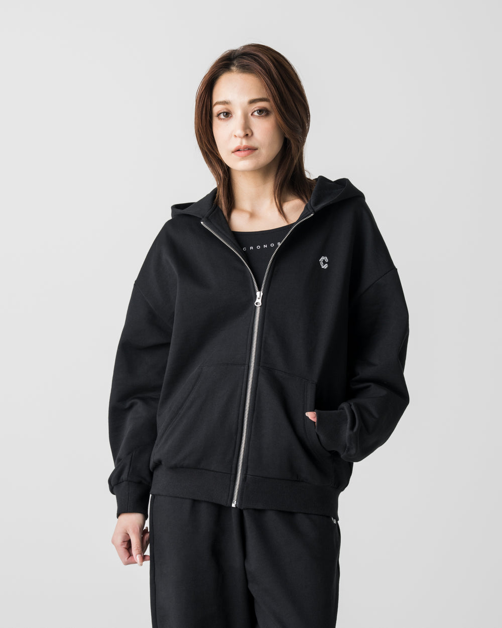 CRONOS WOMEN Smooth Relax Zip Hoodie [BLACK]