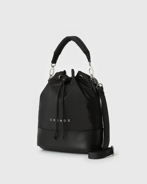 CRONOS WOMEN NYLON MIX DRAWSTRING BAG【BLACK】