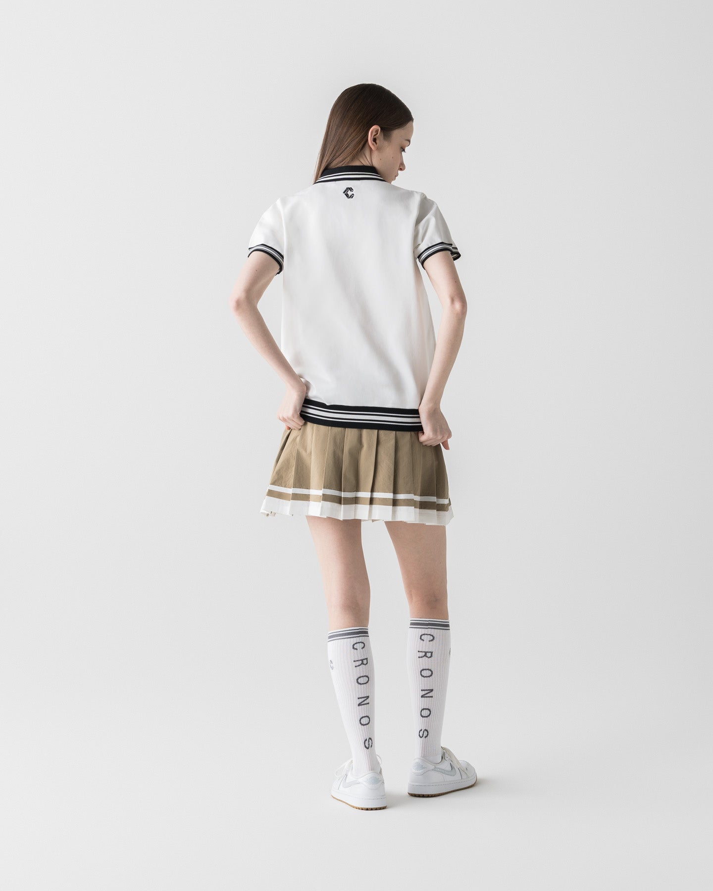 CRONOS ハイネックポロシャツ ホワイト&ブラック CRONOS BLACK WOMEN ROUND KNIT POLO【WHITE】