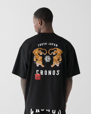 CRONOS TOMOSHIBI 系列老虎刺繡短袖T恤【黑色】