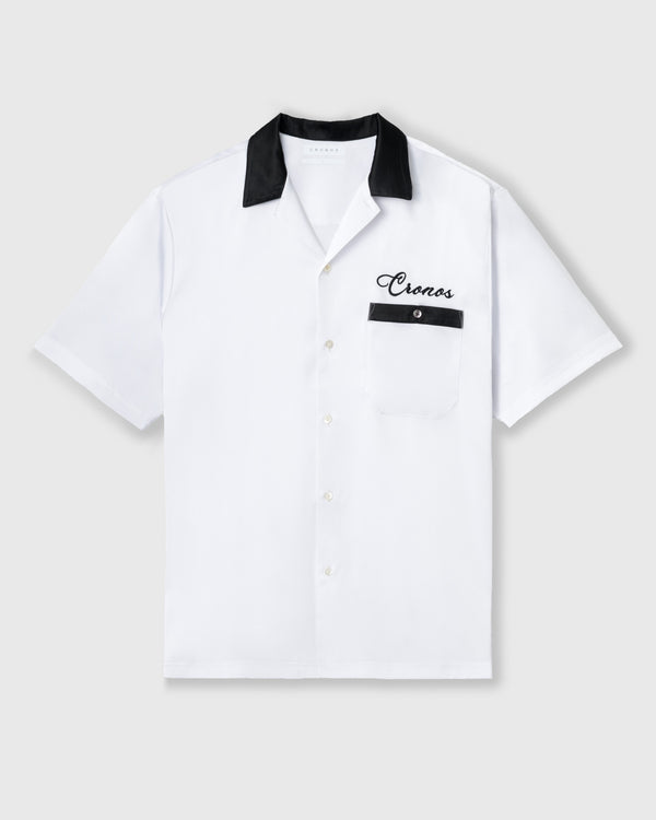 CRONOS SCRIPT SATIN OPEN COLLAR SHIRT【WHITE】