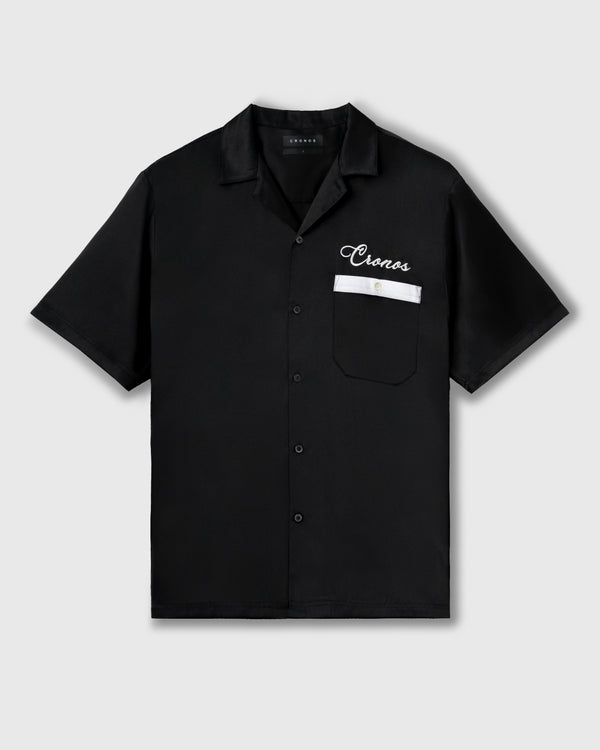 CRONOS SCRIPT SATIN OPEN COLLAR SHIRT【BLACK】
