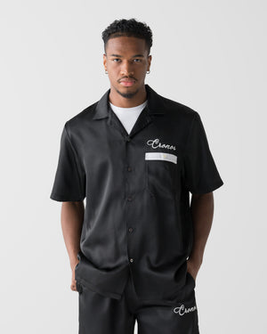 CRONOS SCRIPT SATIN OPEN COLLAR SHIRT【BLACK】