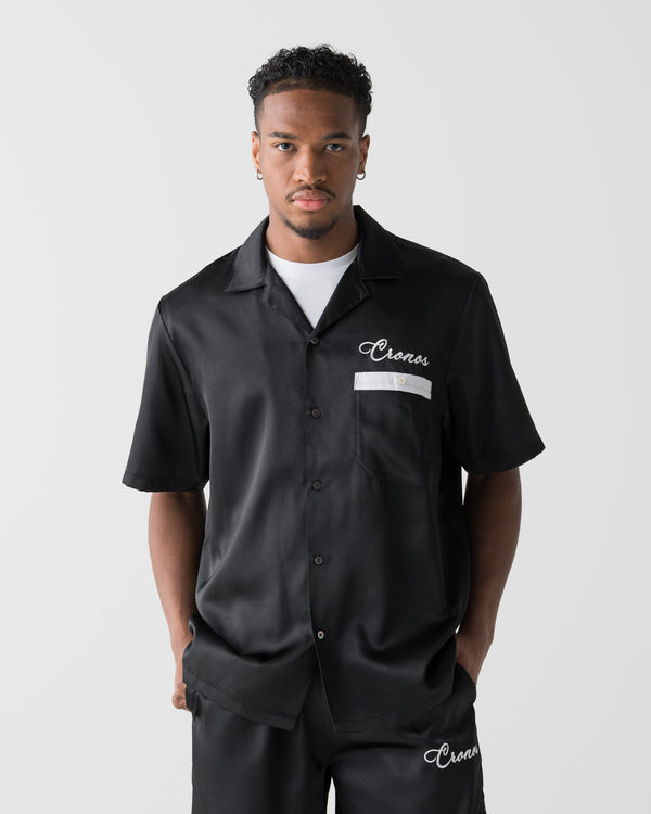 CRONOS SCRIPT SATIN OPEN COLLAR SHIRT【BLACK】